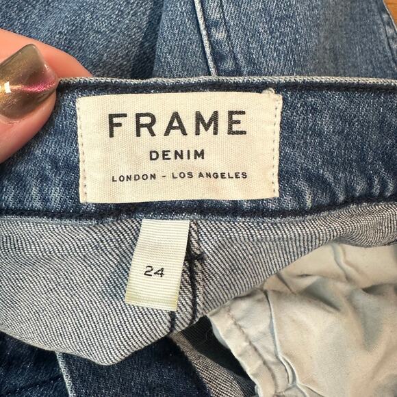 FRAME Denim Claire Mini Skirt Gold Button High Rise A-Line Medium Wash Blue - Picture 10 of 16